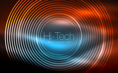 Circular glowing neon shapes, techno background. Abstract shiny transparent circles on dark technology space