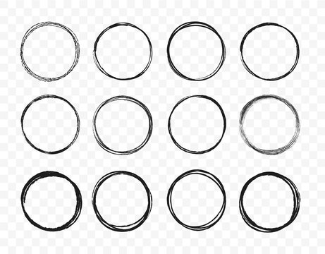 Set hand drawn circle line sketch set. Circular scribble doodle round circles for message note mark design element. Vector illustration on background.