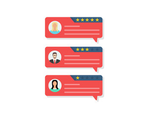 Fototapeta premium Customer review rating messages, online reviews or client testimonials, feedback, rating stars. Flat design, vector illustration.