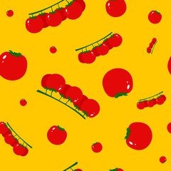 Cute seamless pattern of tomatoes and cherry tomato on yellow background cartoon style vector illustration