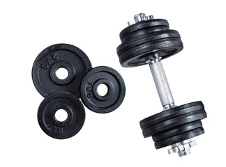 Gym dumbbells on white background. Photograph taken from above