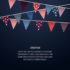 Garland flags Vector Three rows of bright vintage garland with triangular flags with different patterns are hanging against a dark blue background Illustration in realistic style with copy space
