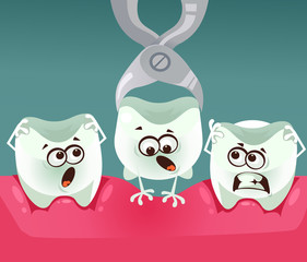 Tooth character removal. Stomatology dentistry concept. Vector flat cartoon illustration