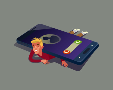 Man character depend on smartphone. Vector flat cartoon illustration