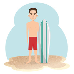 young man in the beach with surfboard vector illustration design