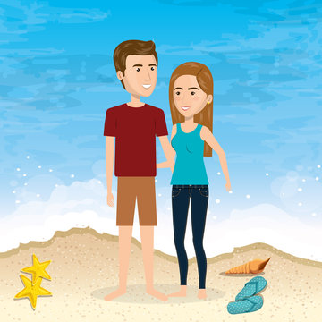 couple in the beach summer vacations vector illustration design
