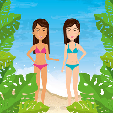 girls in the beach characters vector illustration design