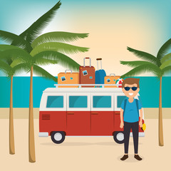 young man on the beach summer vacations vector illustration design