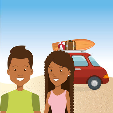 couple in the beach summer vacations vector illustration design