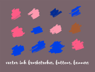 Graphic Hand Drawn Vector Banner Set. Blue, Pink, Purple Logos, Paint Brush Lipstick Smears. Modern Textured Ads Background, Artistic Paintbrush Doodles. Rich VIP Fashion Ink Vector Banners Set.