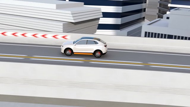 White autonomous electric SUV driving on the highway. 3D rendering animation.