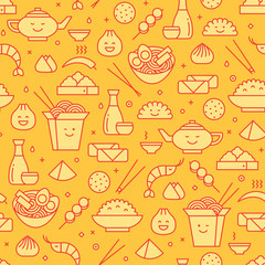Fun seamless pattern with line icons of Chinese cuisine.Includes fast food take away boxes, noodles, dim sum, ramen and dumplings. Kawaii line art icons. - 197959773
