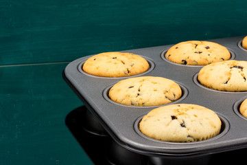 Frisch gebackene Muffins in Backform grüner Hintergrund