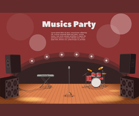 Stage and musics party banner. Vector illustration of stage with instruments and music party banner.