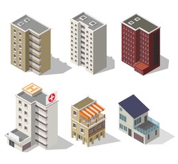 Big set low poly vectors of isometric illustration city street house facades, cafe, apartment, hospital.