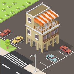 Isometric vector low poly cafe restaurant buildings shop