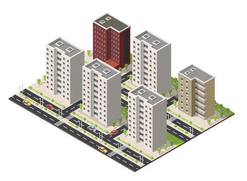 Isometric Cartoon building facade vector illustration, street, background.
