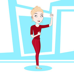 Young Blonde Woman Point Finger Up Over Blue Abstract Background Vector Illustration