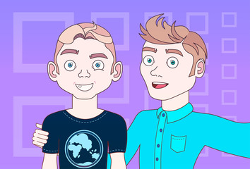 Two Young Men Taking Selfie Photo Posing Make Self Portrait Vector Illustration