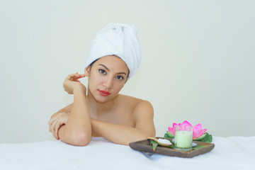 beautiful woman relax in spa salon.spa wellness set.beauty and fashion set.spa and wellness center.massage line face