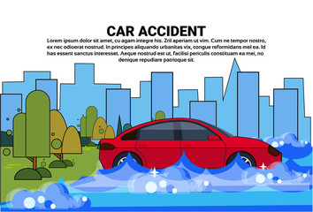 Vehicle Trying To Drive Against Flood Water In Street Flooded Car Accident Vector Illustration