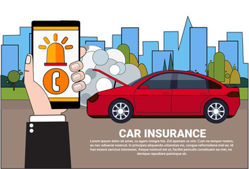Driver Holding Smart Phone Order Insurance Service Assistance Over Broken Car Background Vector Illustration