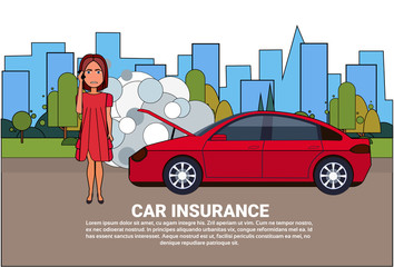 Woman Driver Of Broken Car Calling In Insurance Service For Help And Assistance Vector Illustration
