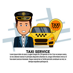 Taxi Service Icons On White Background With Copy Space Yellow Cab Car, Navigation Pin And Driver Flat Vector Illustration
