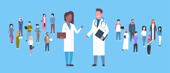 Man And Woman Medical Doctor Over Group Of Patients On Blue Background Horizontal Banner Flat Vector Illustration