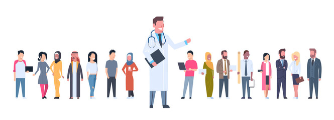 Fototapeta na wymiar Medical Doctor Over Group Of Patients On White Background Horizontal Banner Flat Vector Illustration