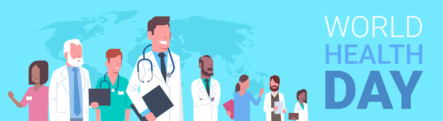 World Health Day Poster With Team Of Medical Doctors Over World Map Background Horizontal Banner Flat Vector Illustration