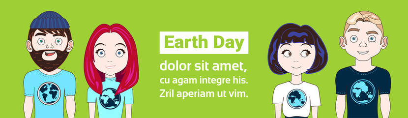Fototapeta premium Earth Day Banner Young People Wearing T-Shirts With Globe Image Planet Protection Concept Flat Vector Illustration