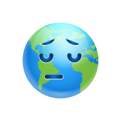 Cartoon Earth Face Sad Emotion Icon Funny Planet Depressed Expression Isolated Flat Vector Illustration