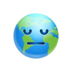 Cartoon Earth Face Sad Emotion Icon Funny Planet Depressed Expression Isolated Flat Vector Illustration