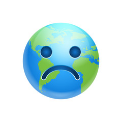 Cartoon Earth Face Sad Emotion Icon Funny Planet Depressed Expression Isolated Flat Vector Illustration