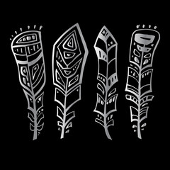 Ethnic Feathers Set. Hand drawn vector illustration. Design element