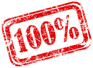 One hundred percent red grunge scratched rubber stamp isolated on white