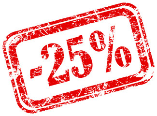 25 percent off marketing deal offering grunge red rubber stamp label isolated on white