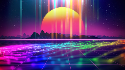 Retro futuristic background 1980s style 3d illustration.