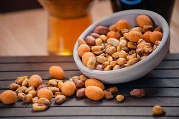 Salty nuts mix on table