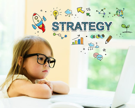 Strategy text with little girl using her laptop
