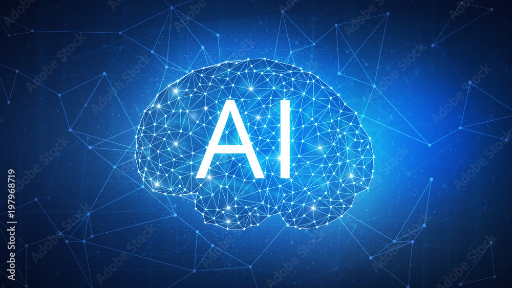 Poster blockchain technology network futuristic hud polygon human brain on peer to peer blockchain network 