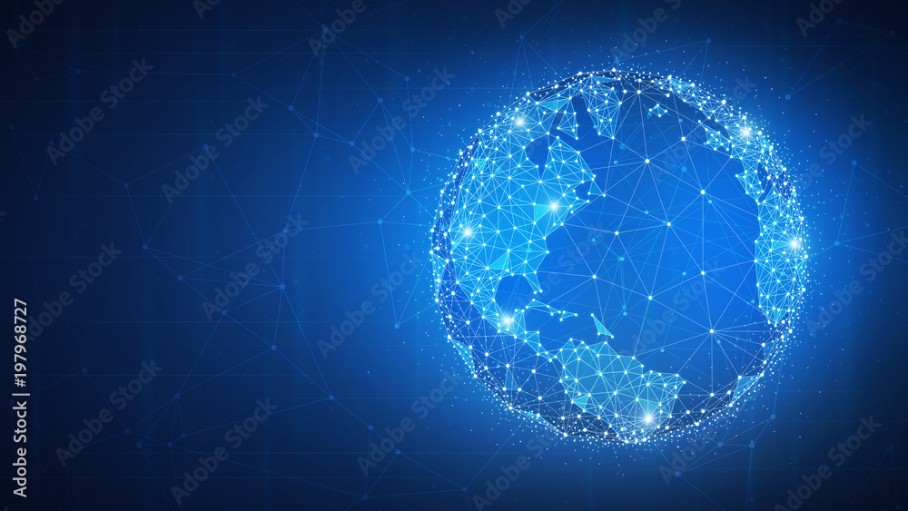 Poster blockchain technology futuristic hud background with world globe and blockchain polygon peer to peer