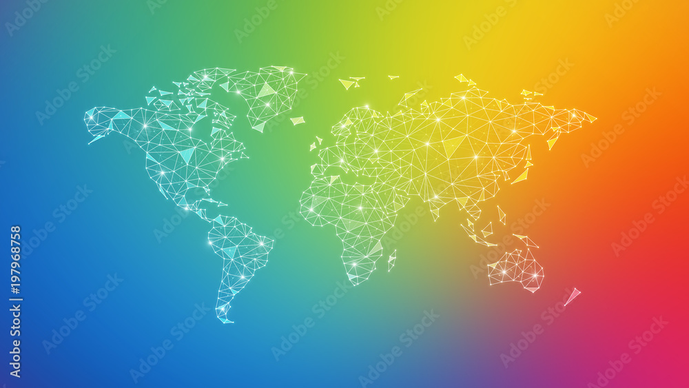 Poster polygon world map with blockchain peer to peer network on blurred gradient multicolored background. 