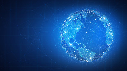 Obraz premium Futurystyczne tło hud technologii Blockchain ze światową kulą ziemską i wieloboczną siecią typu peer to peer. Koncepcja banera biznesowego fintech globalnej kryptowaluty.
