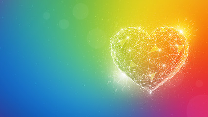 Polygonal love valentine heart made of lines and dots on blurred gradient multicolor background in the colors of the rainbow for greeting card. Valentine's Day holiday and sexual minorities concept.