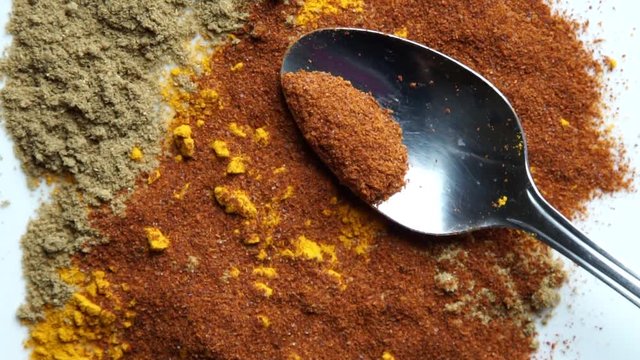 Close up of Indian spices of Turmeric powder, coriander powder and chili powder background.