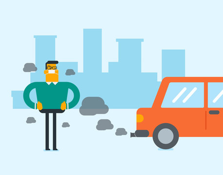 Young caucasian white man in gas mask standing next to the car with co2 emissions. Man wearing mask to reduce the effect of traffic pollution. Toxic air pollution concept. Vector cartoon illustration.
