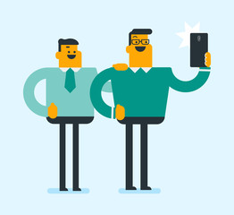 Two happy caucasian white businessmen making selfie with a cellphone. Young smiling friends looking at cellphone and taking selfie photo. Vector cartoon illustration. Square layout.