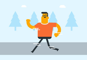 Caucasian white smiling man running outdoor. Happy male runner jogging in the park. Sportsman doing running cardio exercise. Healthy lifestyle concept. Vector cartoon illustration. Horizontal layout.